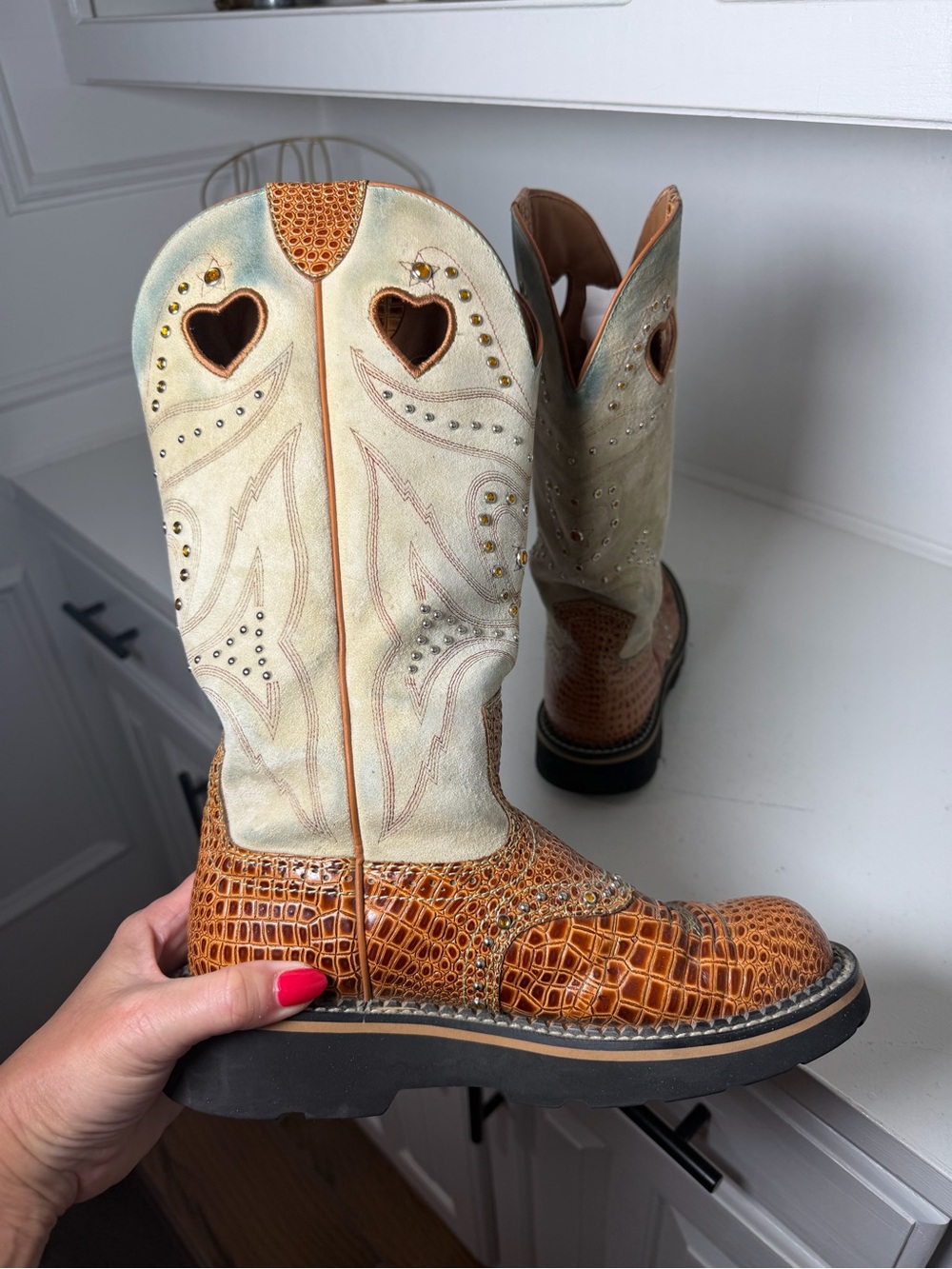 Ariat Fatbaby Cowboy Boots Women's 6.5 Brown Croc Embossed Heart Western - Picture 6 of 8
